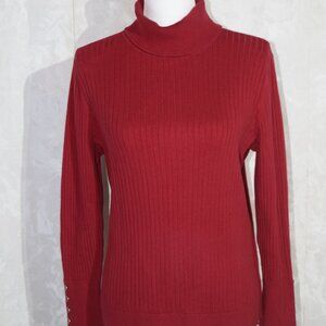 Talbots Petite L/P Red Ribbed Turtleneck Top Red/Gold Button Cuffs